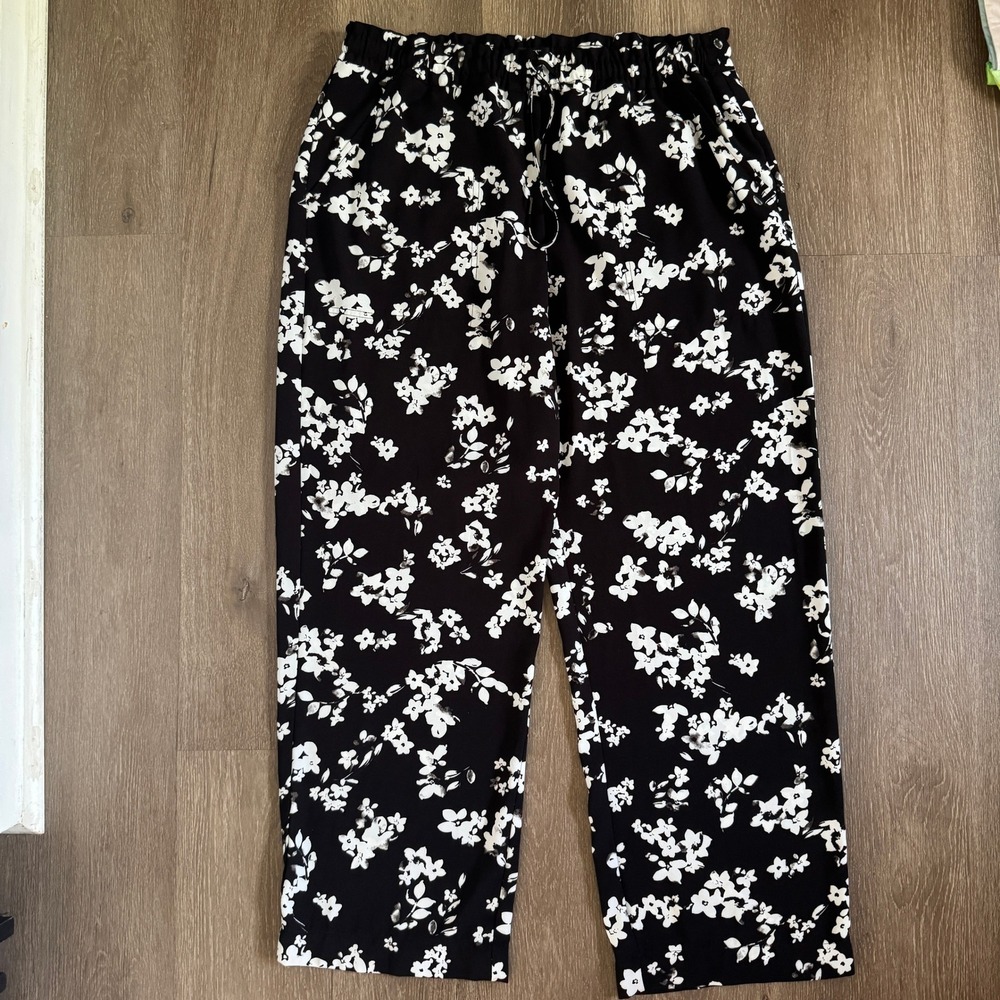 Simply Vera Vera Wang Pants Womens XL Black White Floral Drawstring Pull On